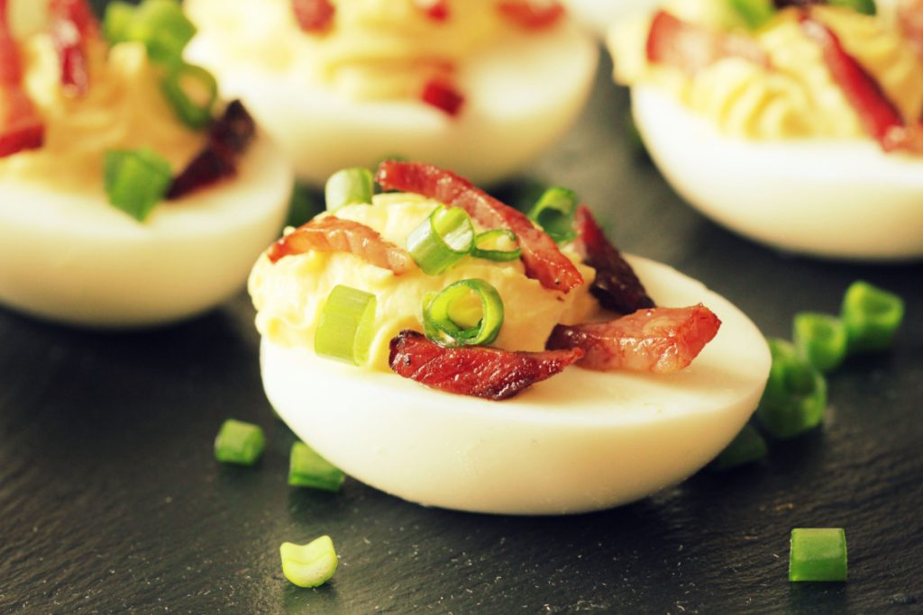 Bacon, Spinach, and Tomato Deviled Eggs