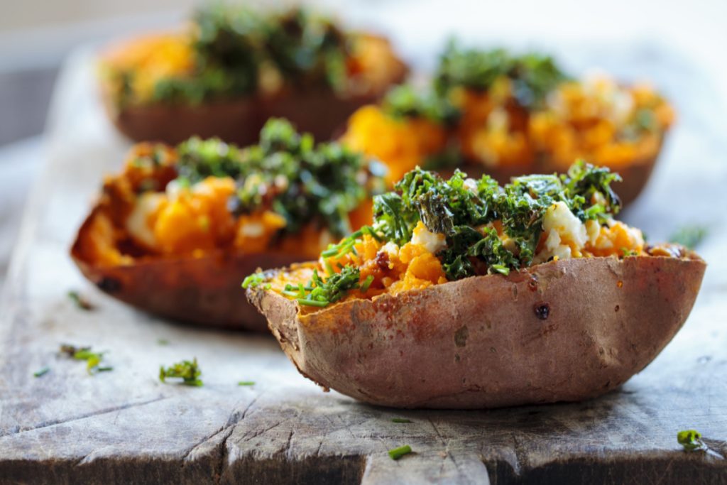 Chicken Pesto Stuffed Sweet Potatoes