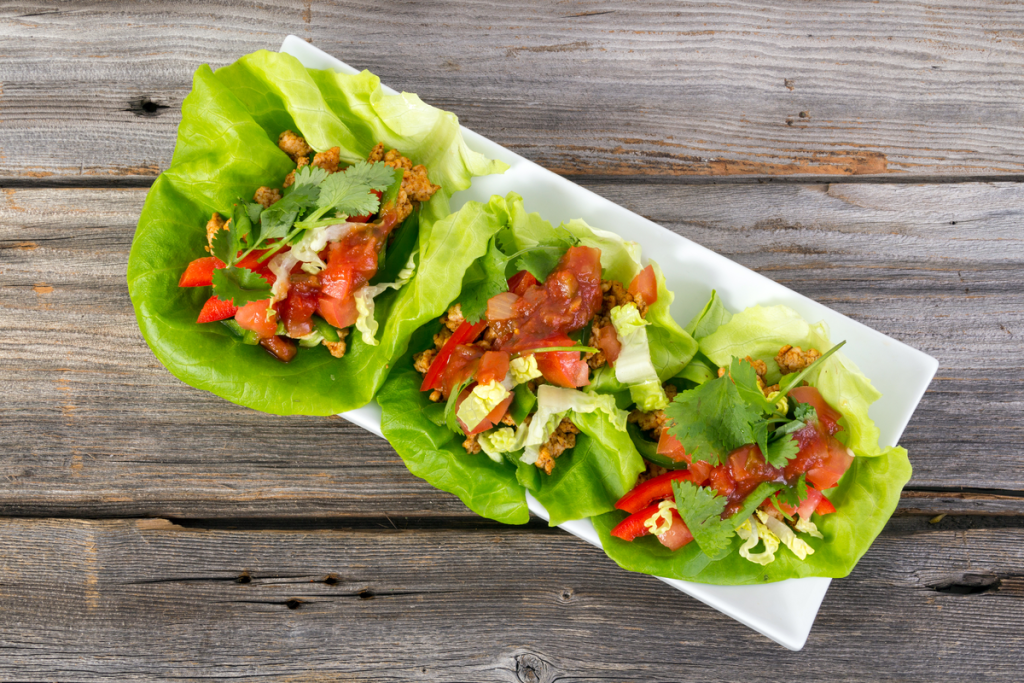 Chicken Tacos in Lettuce Wraps with Avocado Crema